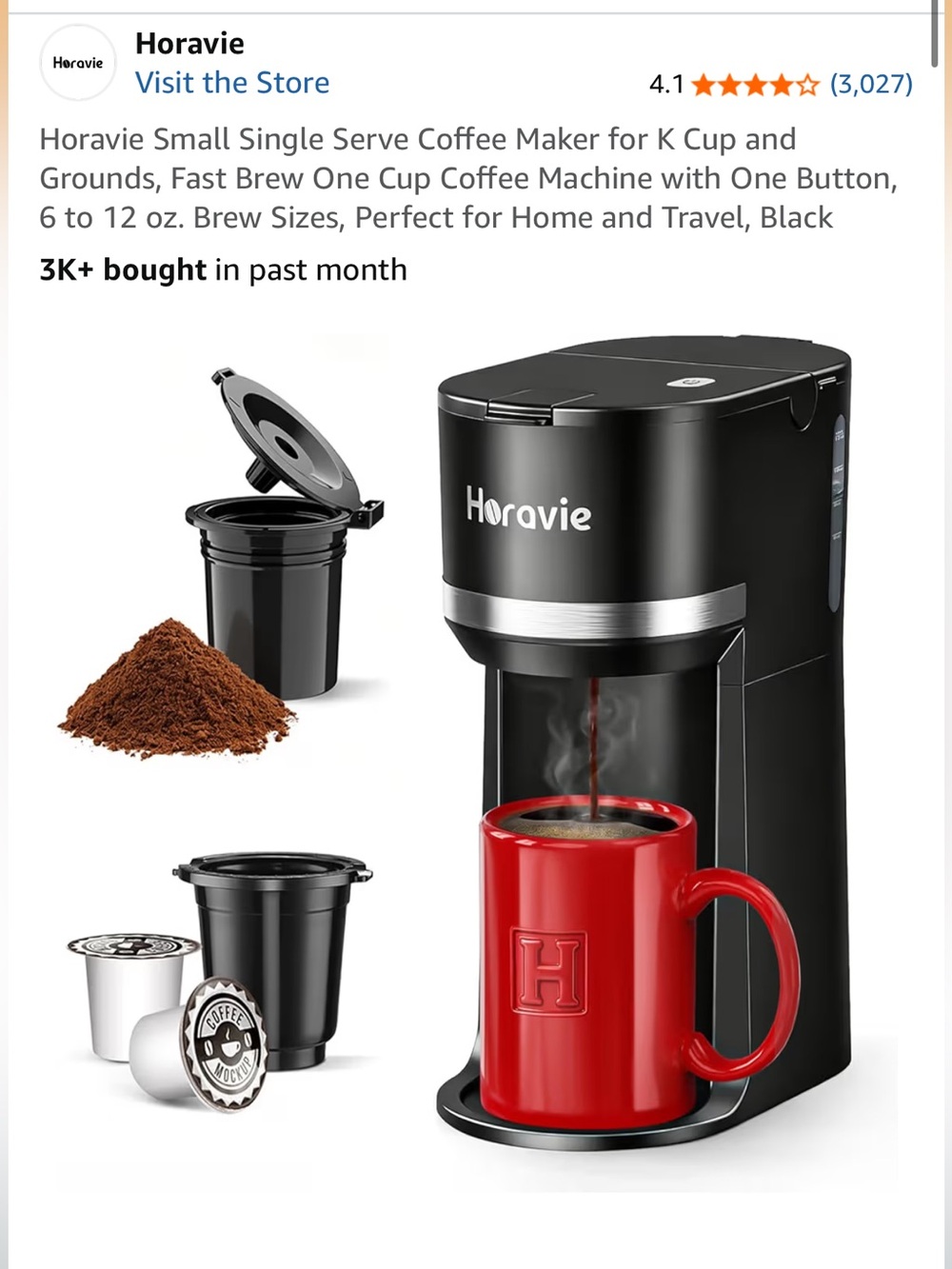 Horavie Single Serve Coffee Maker in Black - Compact K-Cup and Ground Brewer